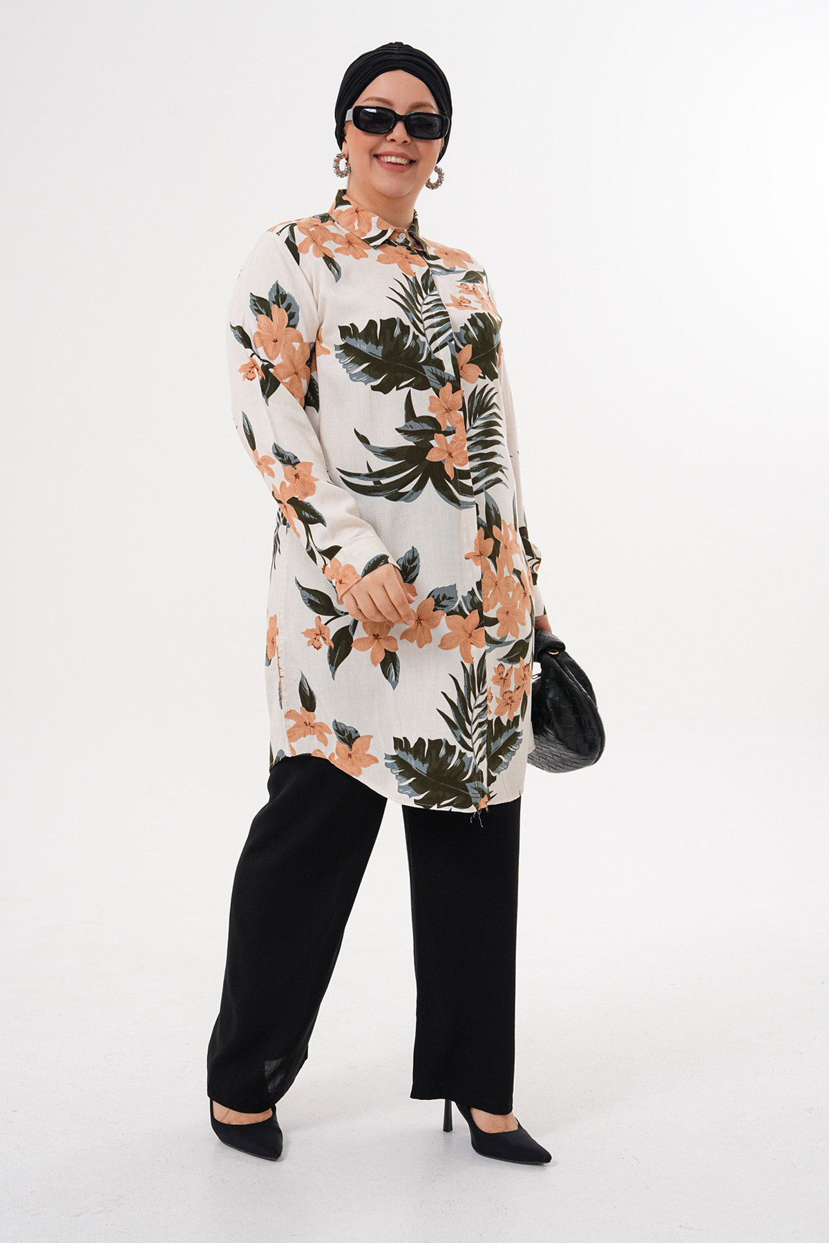 Tropik Desenli Beyaz Tunik