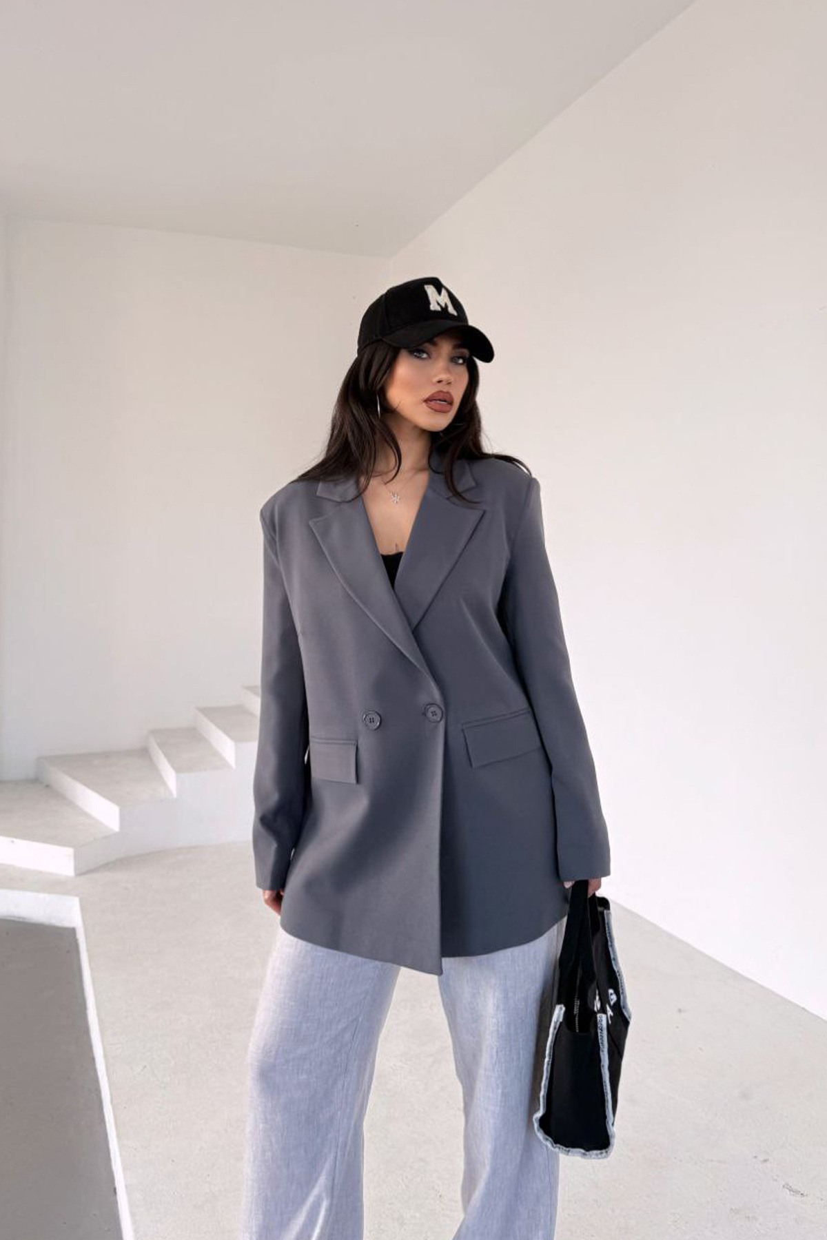 Kruvaze Kesim Gri Blazer Ceket