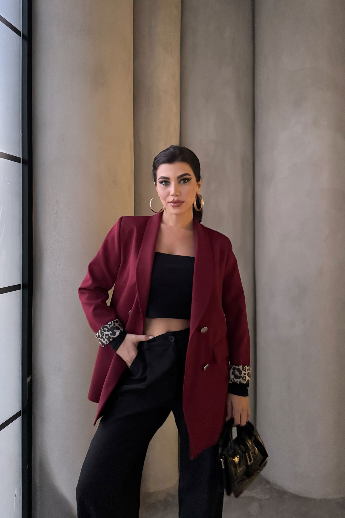 Leopar Astarlı Bordo Blazer Ceket